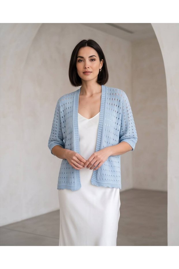 Women's Openwork Perforated Knitted Short Sleeve Seasonal Knitwear Cardigan