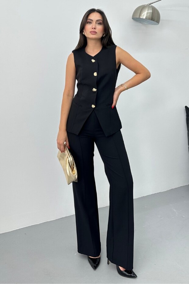 Women's Double Bottom Top Set Stylish Button Detailed Crew Neck Regular Vest Pants Set