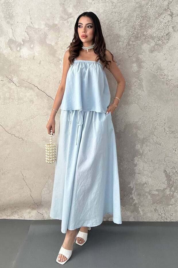 Women's Blue Flounce Blouse and Skirt Set