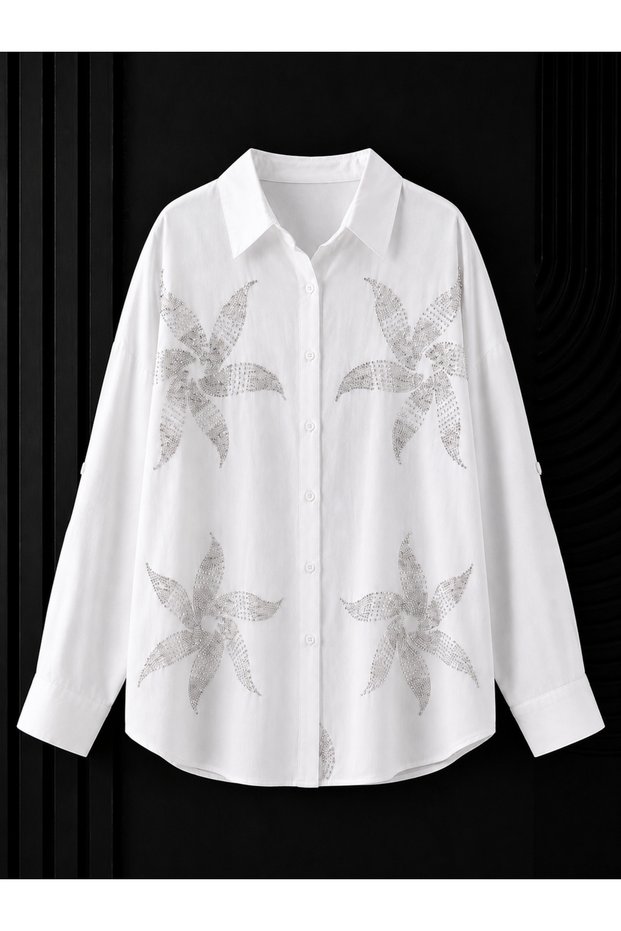 White Bead Embroidered Oversize Loose Cotton Viscose Shirt
