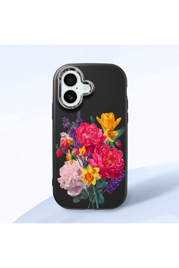 iPhone 16 Compatible Case with Camera Protection Black Silicone Couple Phone Case with Floral Pattern