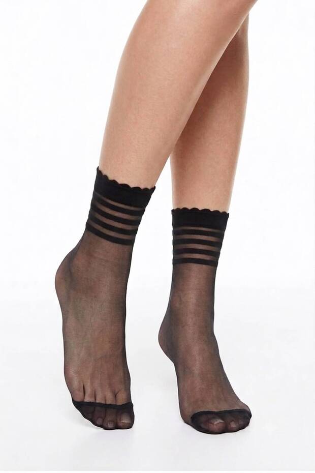 Women's Black Ruffle Elastic Striped Tulle Socks - Transparent Thin Socks