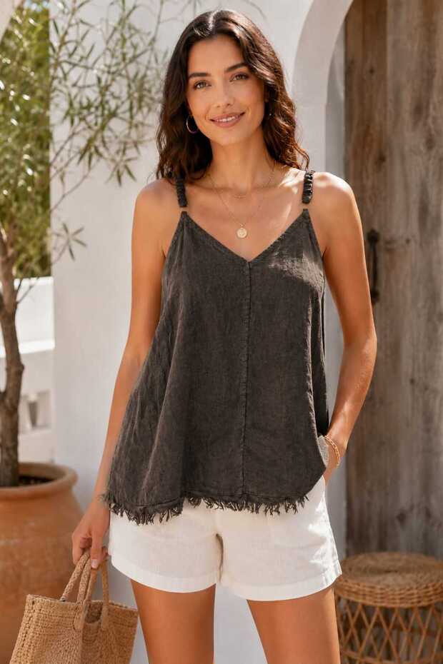 Women's V-Neck Adjustable Strap Tasseled Raw Edge Italian Linen Blouse