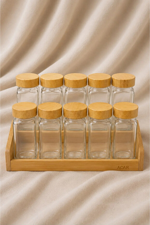 Acar Malibu Collection 10-Piece Glass Spice Jar Set with Stand and Bamboo Lids 110 ml