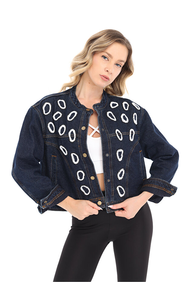 Women's Designer Denim Jacket with Hand Embroidery Detail, Lined, Dark Blue, Oversized Fit, Bomber Coat