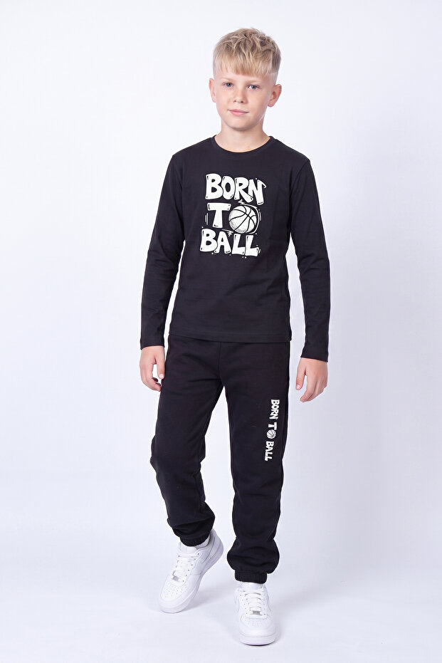 Boy's Round Neck Top and Bottom Set with Print Detail and Elastic Cuffs