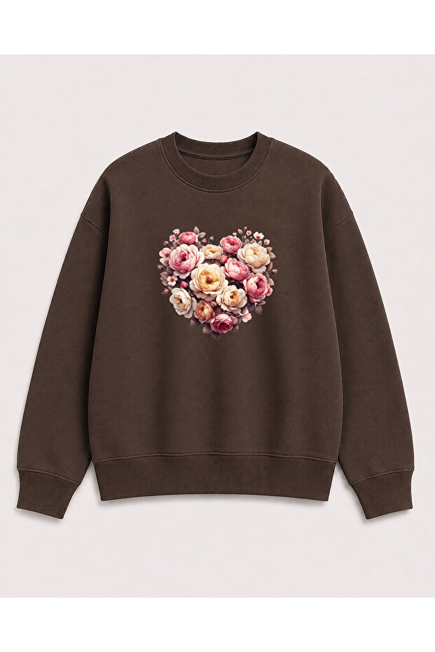 Heart and Roses Print Detailed Crew Neck 2 Thread Sweatshirt