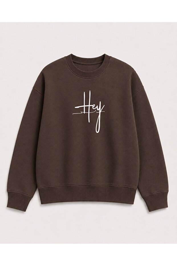 Hey Text Print Detailed Embroidered 2 Thread Crew Neck Sweatshirt