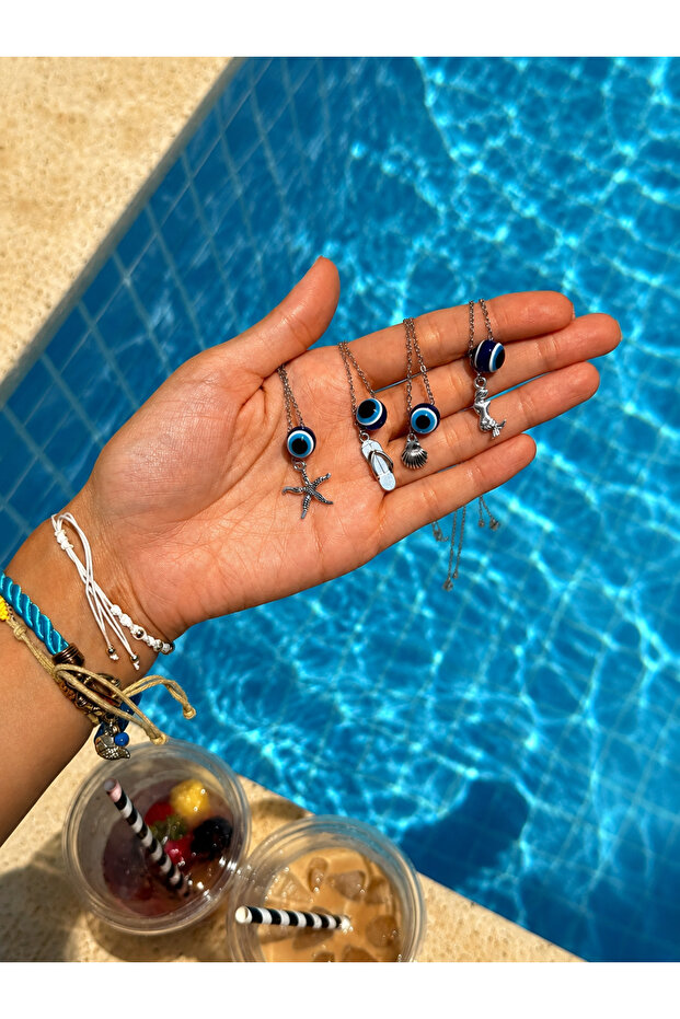 Minimalist Sea Shell Evil Eye Bead Necklace with Steel Chain