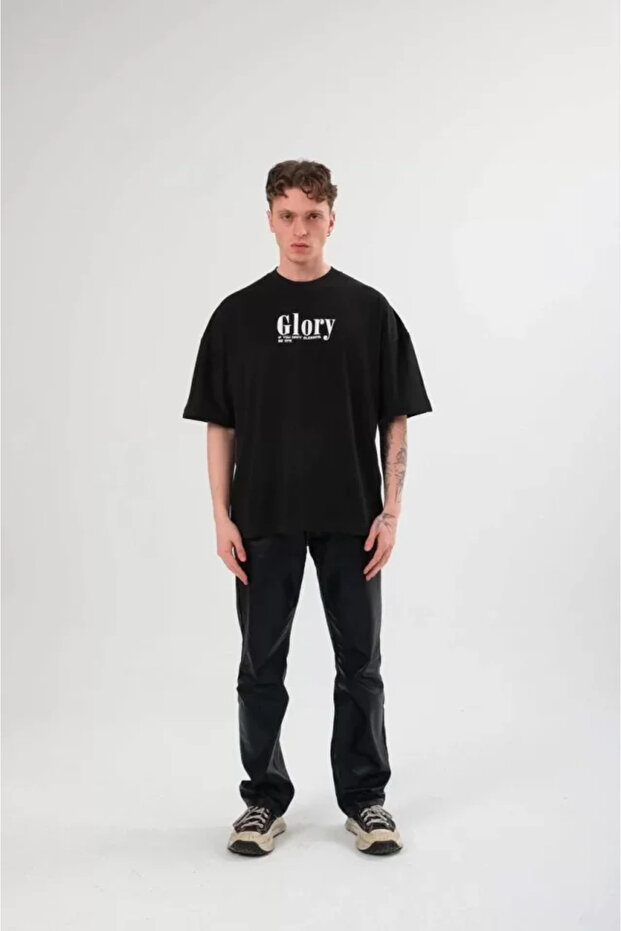 Unisex Crew Neck Printed Oversize T-Shirt - Black