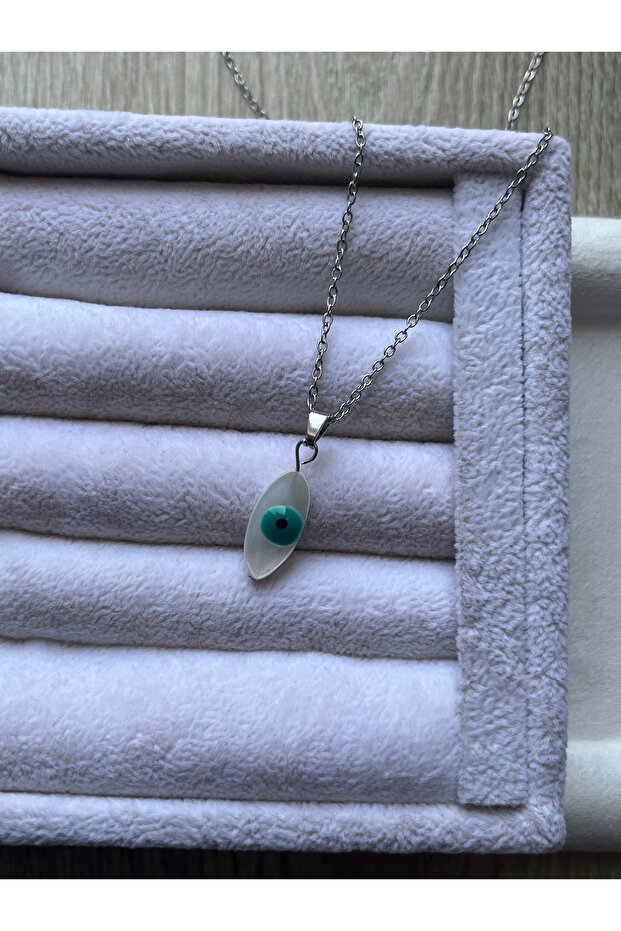 Protective Eye Detailed Pearlescent Natural Stone Steel Necklace Handmade