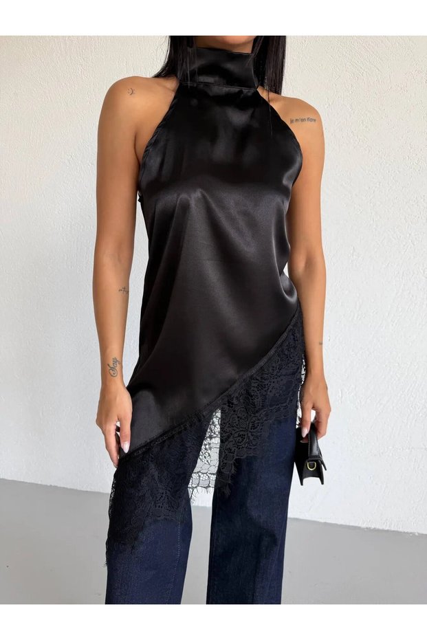 Women's Black Halter Neck Lace Embroidered Asymmetrical Satin Blouse Hzl26S-Fry123901