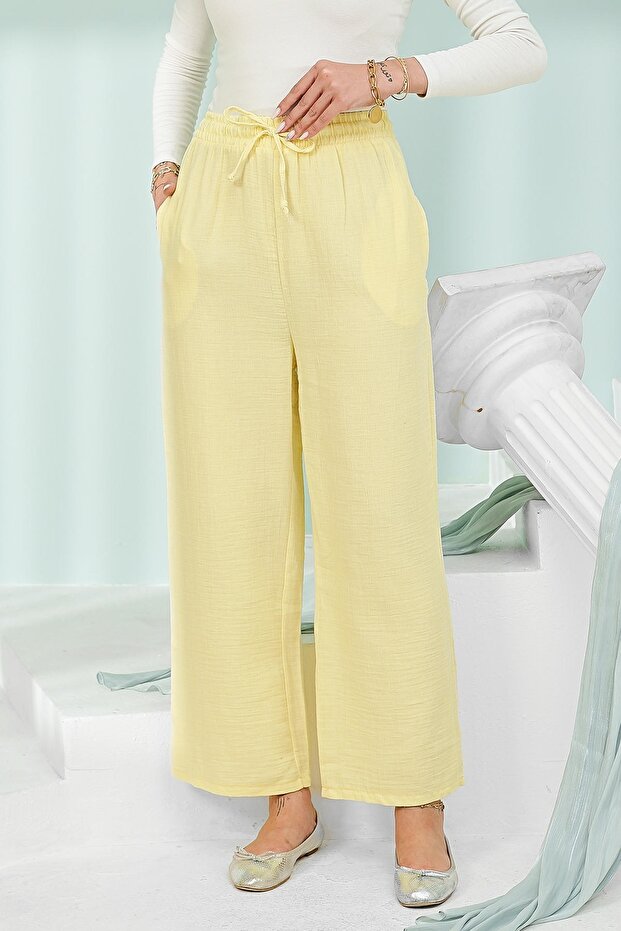 Yellow Elastic Waist Muslin Trousers with Pockets
