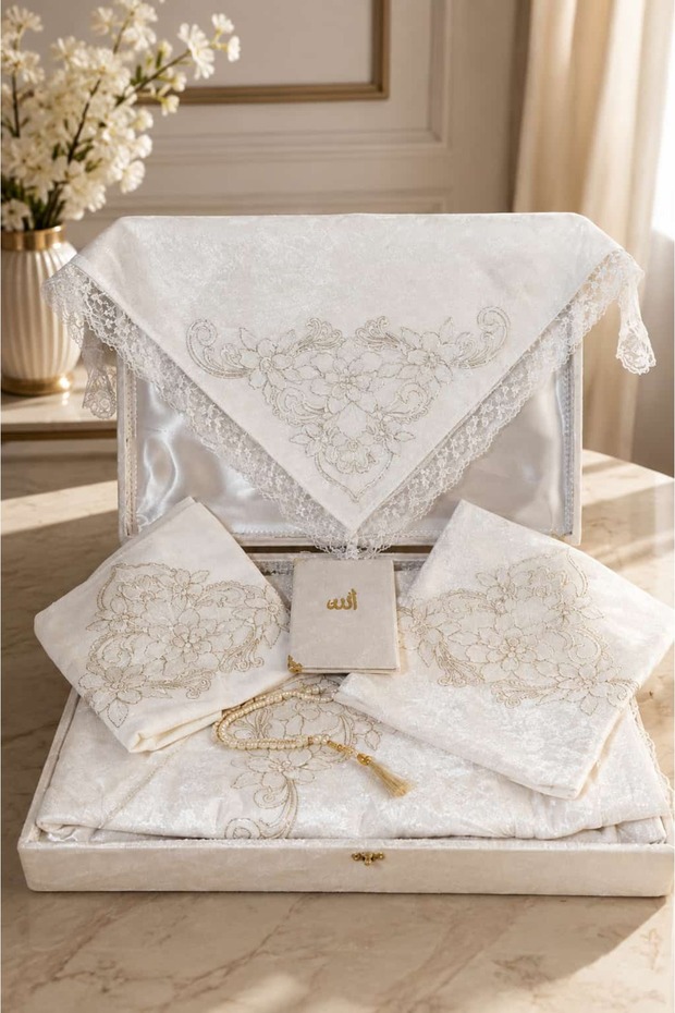 Cream Luxury Velvet French Laced 6 Piece Prayer Rug Set - Dowry Bundle Set
