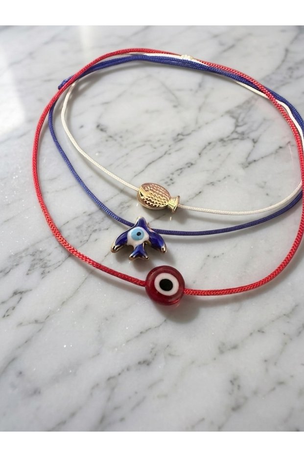 Set of 3 Adjustable Bracelets with String, Fish, Evil Eye and Phoenix Bird Figures