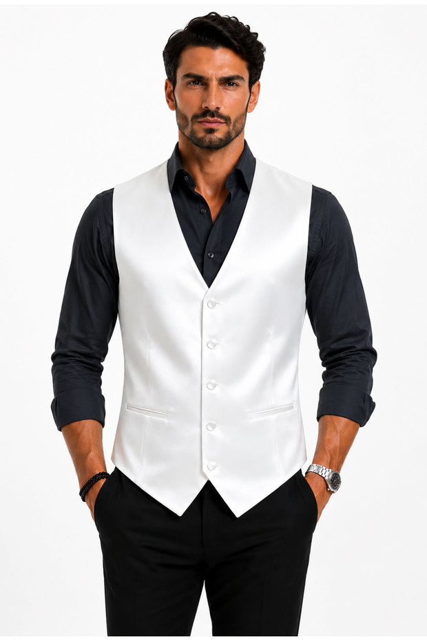 Men's V-Neck Vest White Satin Suit Suitable for Grooms 50310