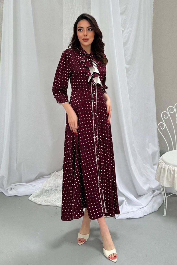 Women's Burgundy Midi Dress with Baby Collar, Polka Dot Ruffle Detail, Buttoned 3/4 Sleeves