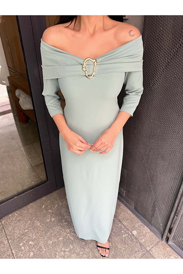 Women's Mi̇nt Dress Maxi Length Boat Neck Off Shoulder Accessory Detailed 3/4 Sleeves