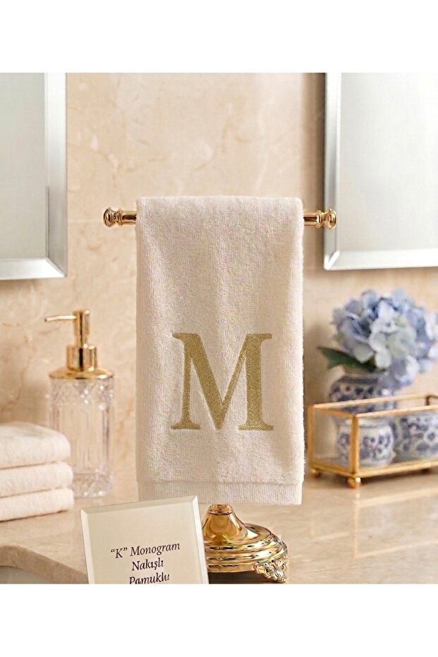 Monogram Letter m Gold Embroidered Cotton Towel 30X50 cm