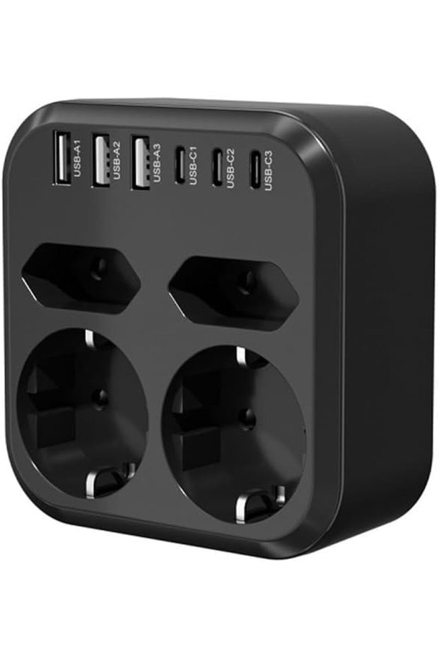 10-in-1 3500W European standard power strip with 4 power outlets, 6 17W USB fast charging ports, and 7 surge-protected outlets.