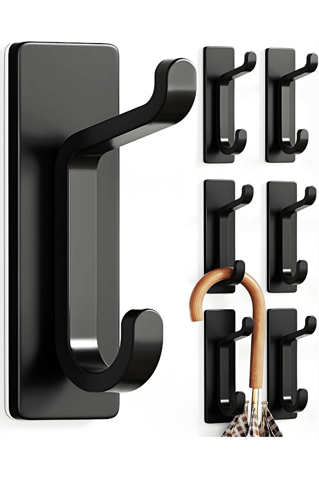 Adhesive wall hooks - Kitchen cloth hooks - adhesive coat hooks - no drilling required for wall mounting - Waterproof - rustproof - black - 6-Pack