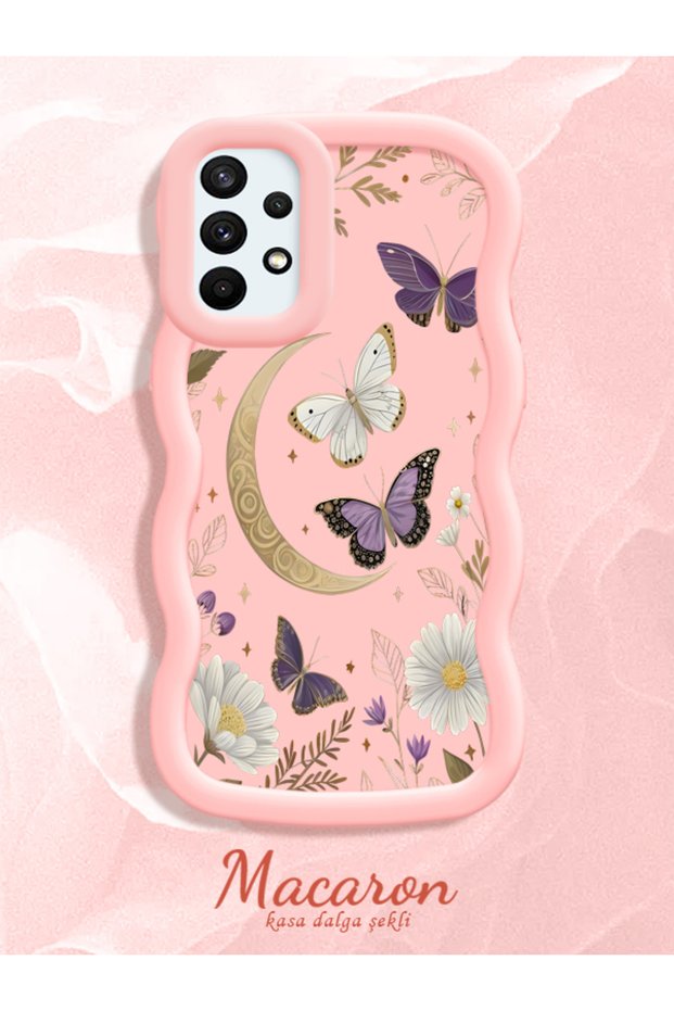 Samsung Galaxy A73 Compatible Wavy Frame Moon Butterfly and Flower Pattern Silicone Phone Case