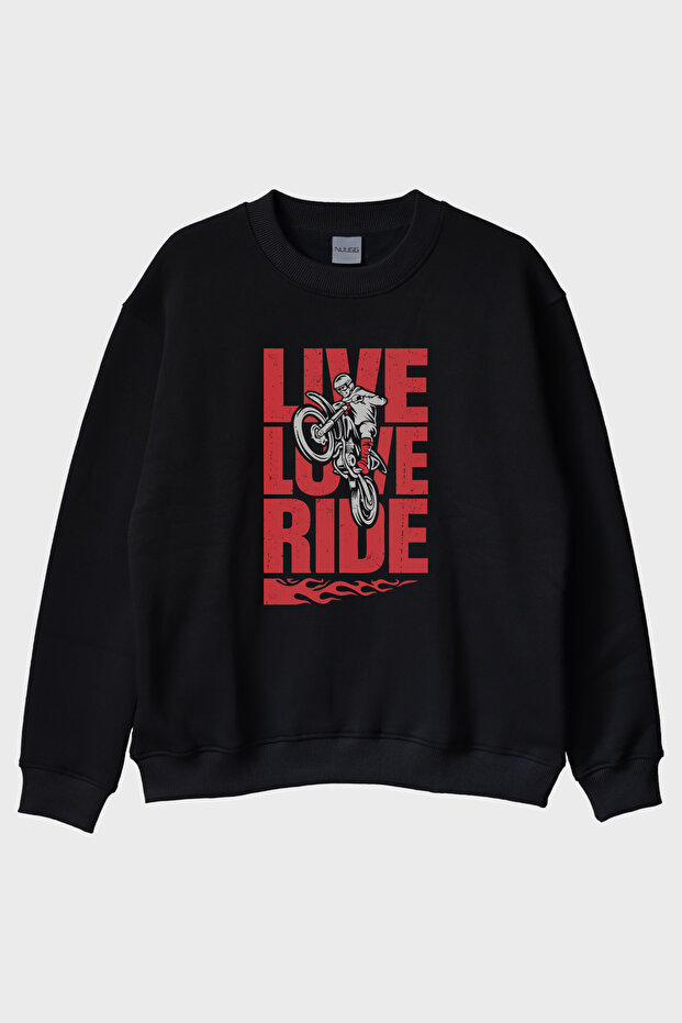 سويت شيرت Live Love Ride مطبوع ذو رقبة دائرية باللون الأسود للدراجات النارية