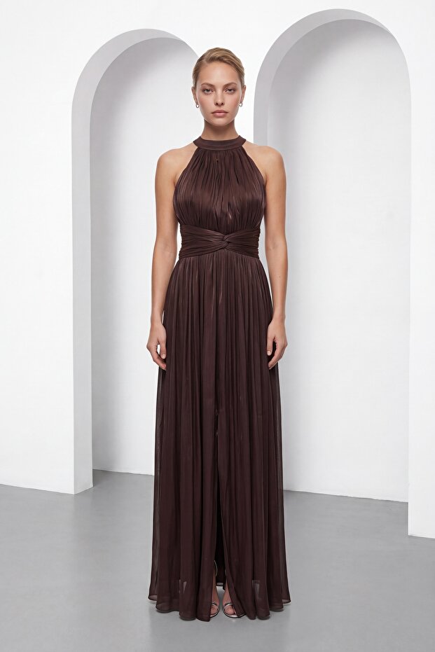 Women's Brown Halter Neck Slit Long Jacquard Evening Dress