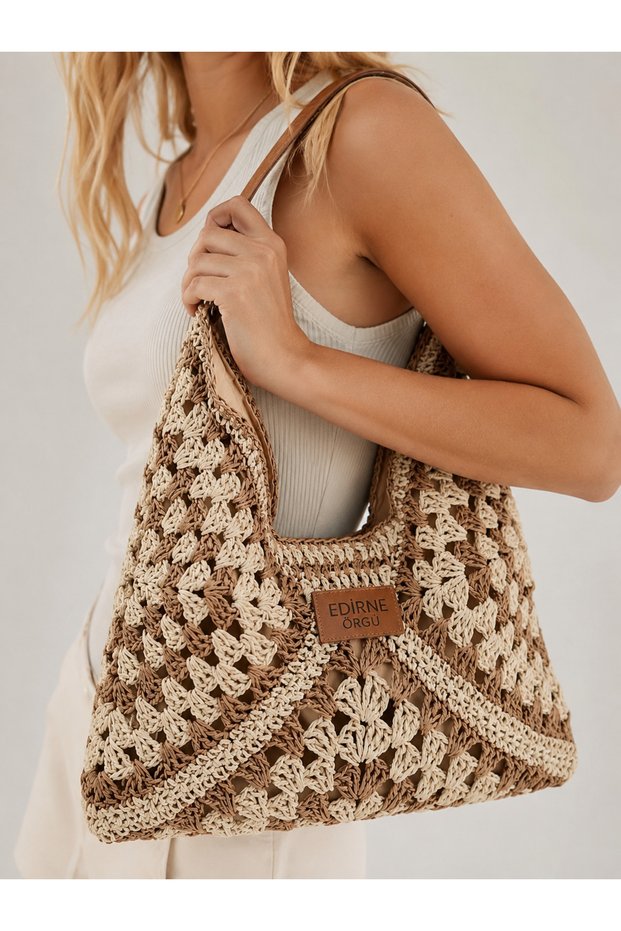 Edirne Knitted Luna Shoulder Bag – Handmade Paper Rope Bohemian Design