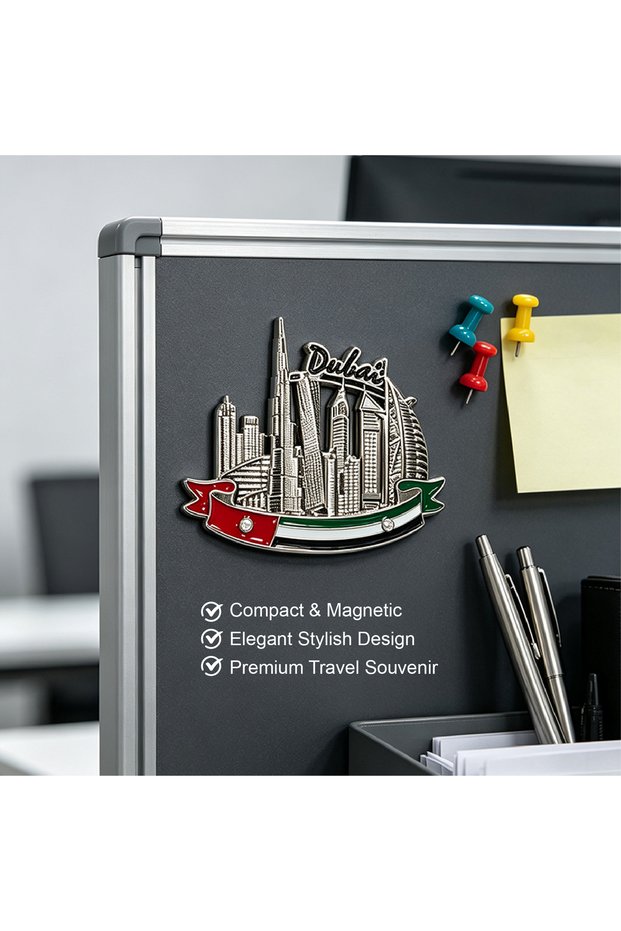 ubai City Skyline Enamel Badge - Iconic Burj Khalifa & Landmarks Metal Decor with UAE Flag Ribbon - Best Travel Gift Memorabilia for Globetrotters, Ideal Dubai Souvenir for Family & Friends.