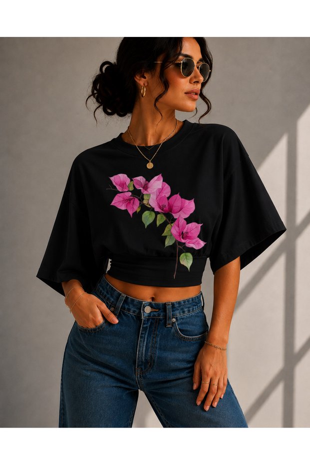 Women's Pink Floral Printed Lycra Bat Sleeve Body Tee Crop T-Shirt