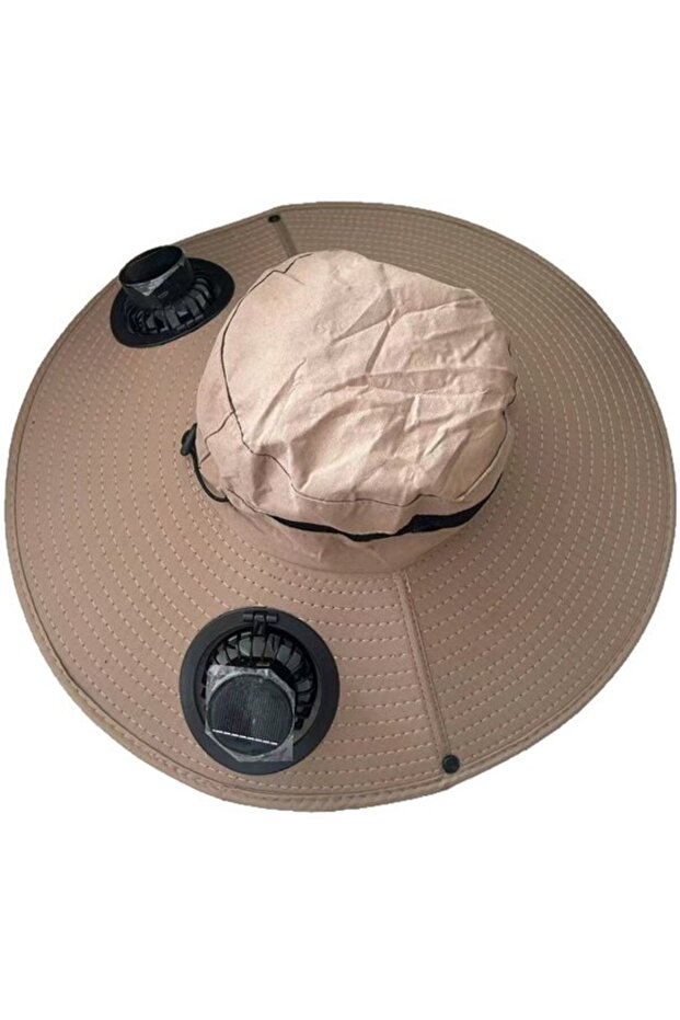 Solar-Powered Ventilated Hat, USB rechargeable, dual fans (6000 RPM), UV protection - Khaki