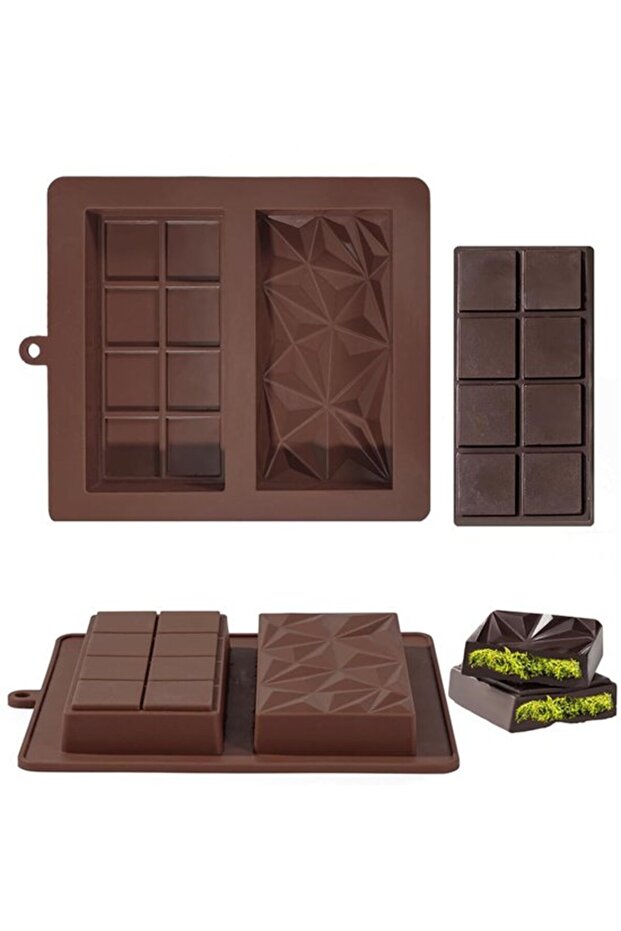 2 Pcs 2-in-1 Deep Silicone Chocolate Plate Molds, Non-Stick Dubai Chocolate Bar & Praline Making Casting Tray