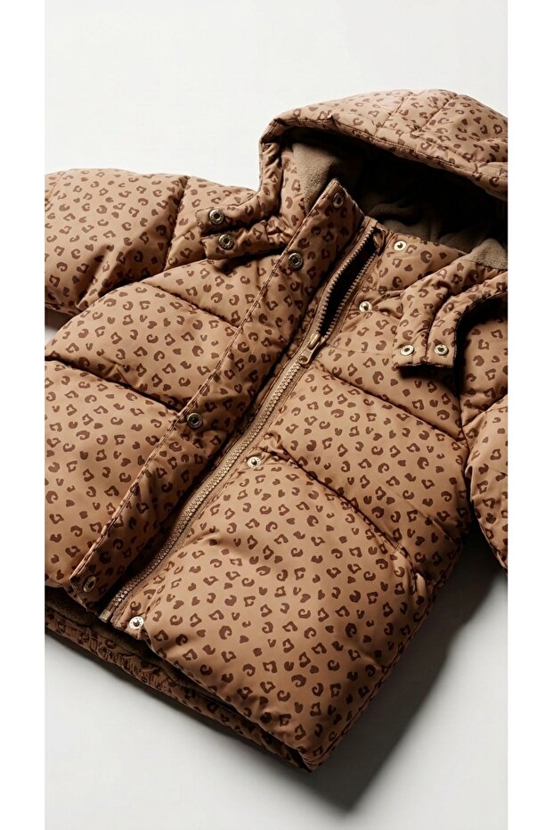 Girls' Coat Inflatable Hooded Leopard Pattern Tan Zipper Snap Fastener Winter Thick Coat W60867E1