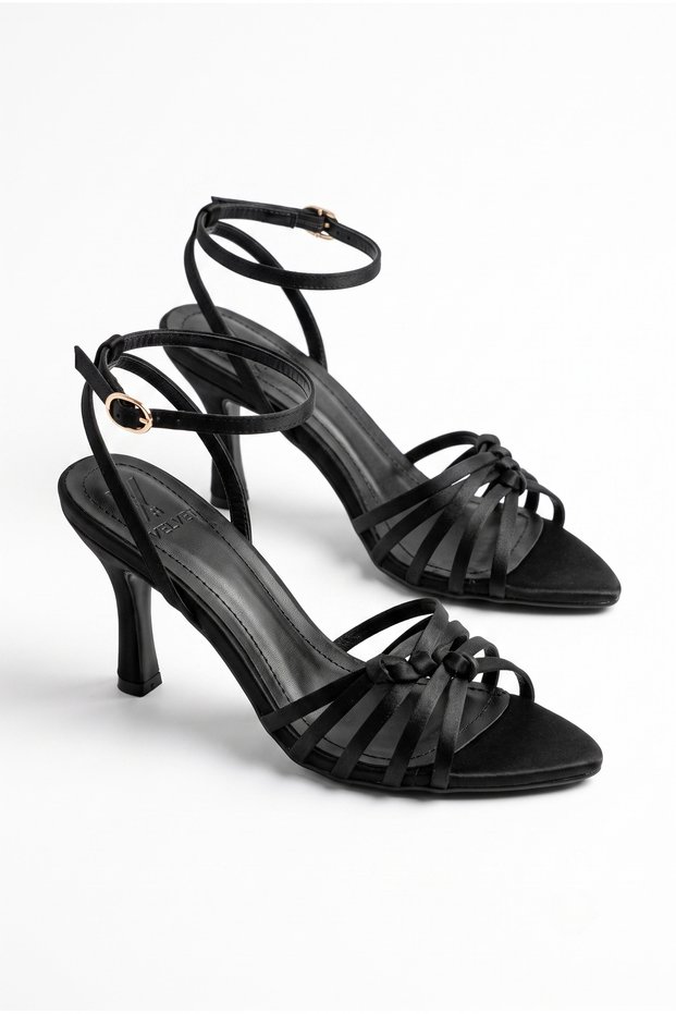Women's Black Satin Ankle Strap Pointed Toe Thin Heel Stiletto Evening Dress Heeled Shoes Forty