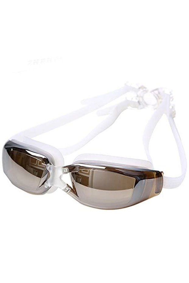 Unisex swimming goggles for adults, UV protection, anti-fog, mirror-coated lenses, leak-proof design - white