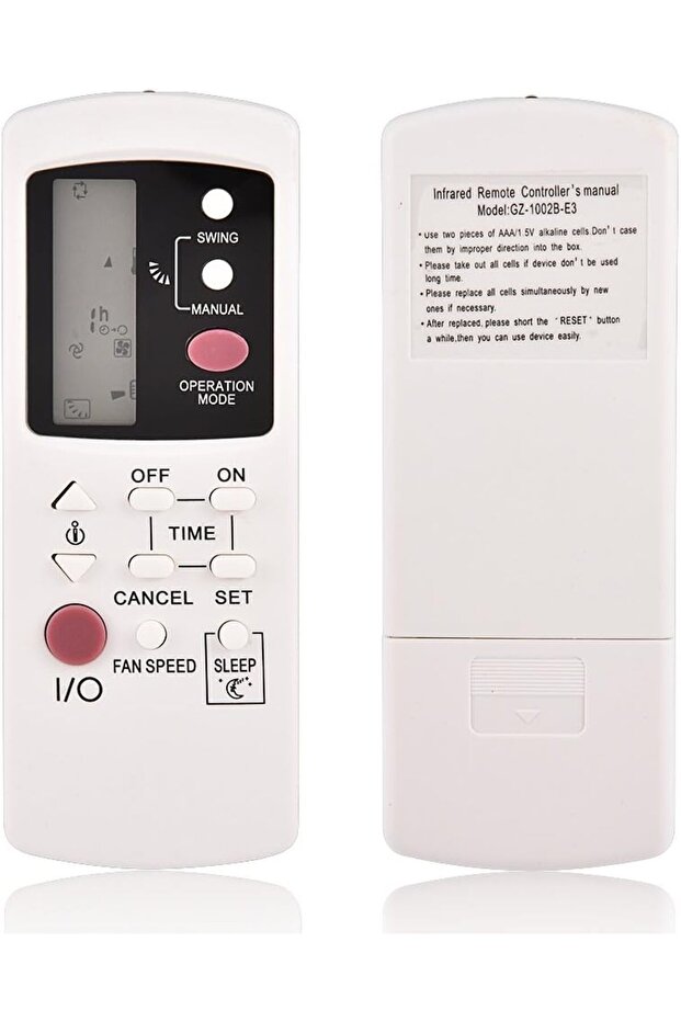 Air conditioner remote control, compatible with models GZ-1002A-E3 and GZ-1002B-E1.