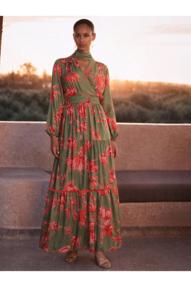 Olive and Red Floral Wrap Neck Maxi Dress