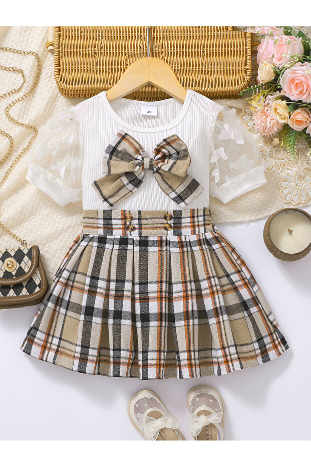 Girls Lace Sleeve Top and Plaid Skirt Set