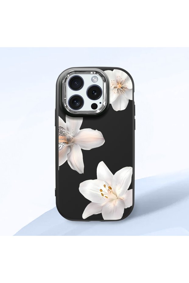 iPhone 15 Pro Compatible Case with Camera Protection Black Silicone Couple Phone Case with Floral Pattern