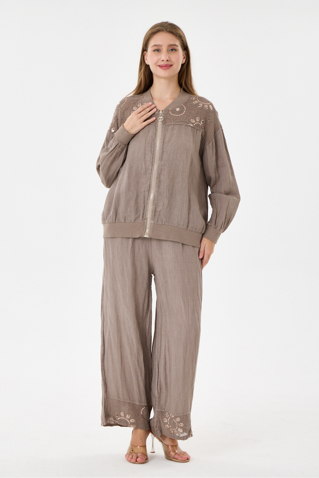 Women's Mink Italian 100% Linen Mesh Sequin Embroidered Zippered Jacket - Linen Suit with Pants Size 38 - 46