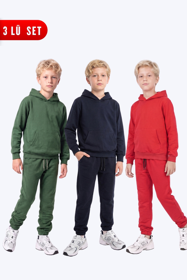 Boys' 3-Piece Plain Kangaroo Pocket Hooded Tracksuit Set