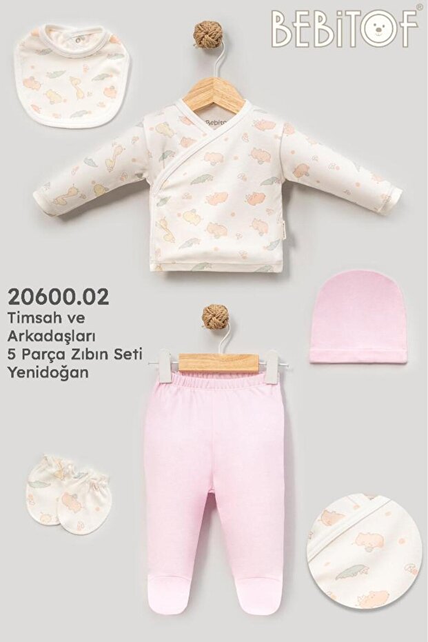 100% Cotton Crocodile and Friends 5 Piece Newborn Hospital Discharge Bodysuit Set Pink Bbtf.Pmb.