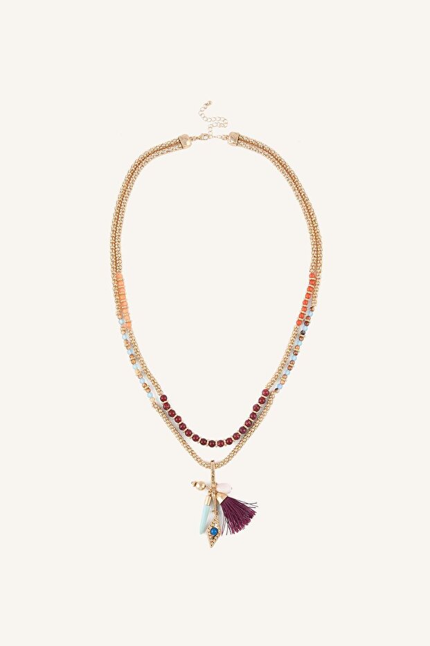 Women's Multi-Layered Beaded Tassel Detailed Gold Color Chain Necklace I1606Axns