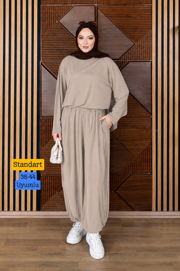 Women's Modal Fabric Comfortable Fit Elastic Waist Double Hijab Shalwar Set 3208 Stone - Special Series