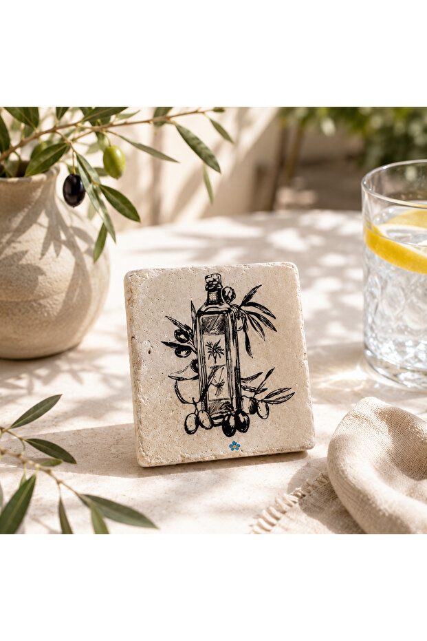 Travertine Single Coaster with Olive Oil Patterned Wooden Box