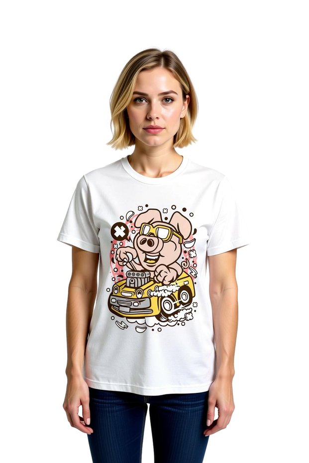 Women's Funny Pig Driver Printed Short Sleeve T-Shirt with Glasses Car Themed Fun Design Casual