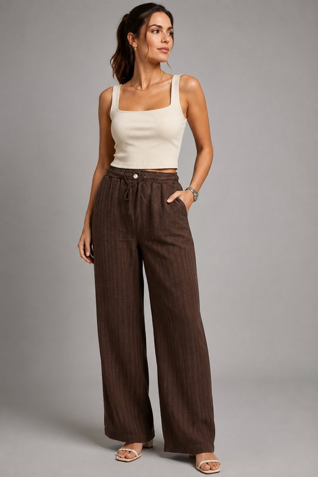 Women's Palazzo Pants High Waist Elastic Waistband Wide Leg Lightweight Summer Fabric Pants