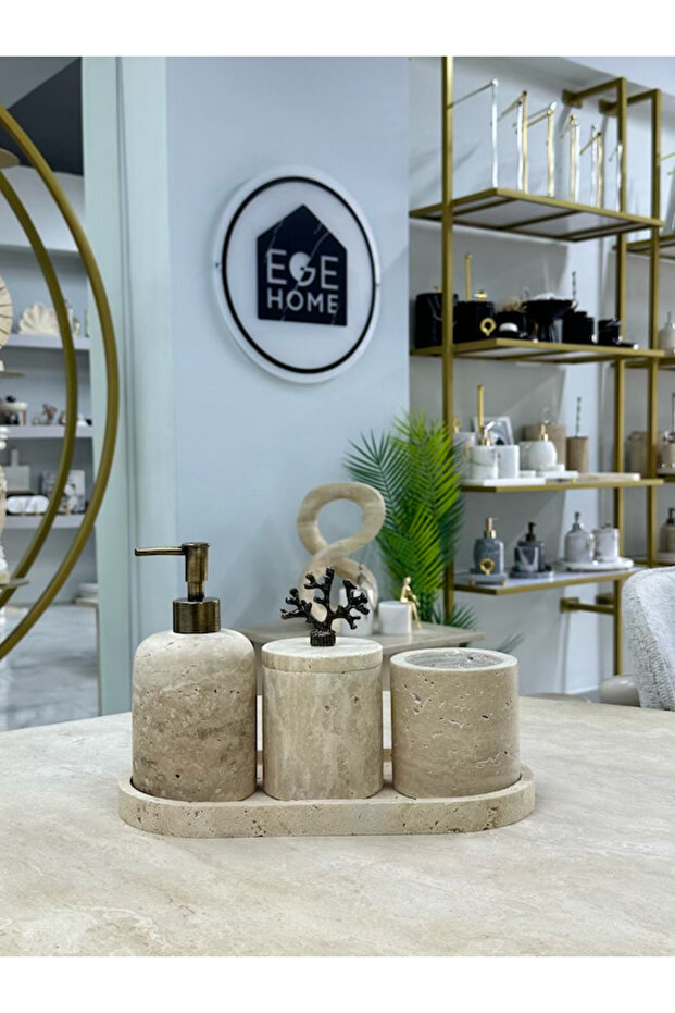 Decorative Travertine Natural 4-Piece Bathroom Set with Antique Finish and Detailing