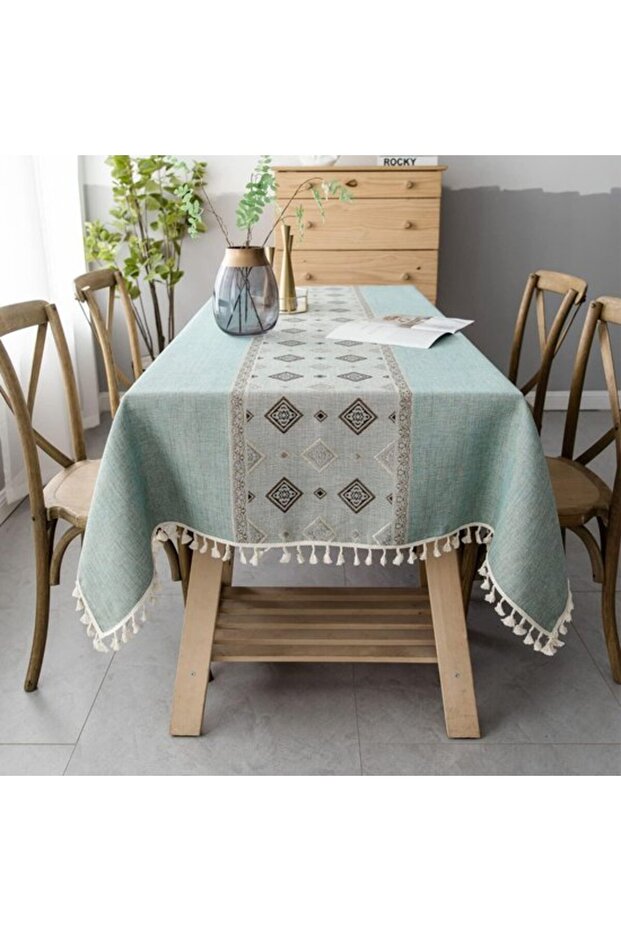 Rectangular tablecloth cotton linen, washable design, tassel garden style, coffee tables and dining tables, green (140 x 180 cm)